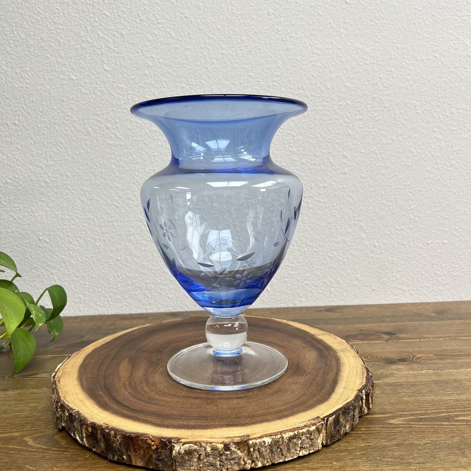 Blue Etched Glass Pedestal Vase 10 inch Tall ~ Beautiful floral