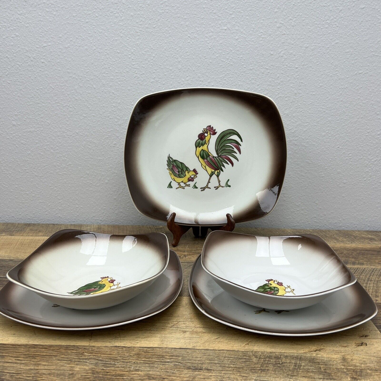 SET 5 Orchard Ware Small Plates, Vintage California Pottery Rooster Pattern