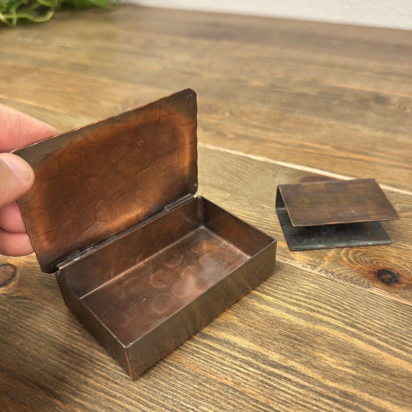 Vintage Hammered Copper Matchbox Holder & Cigarette Box Hinged Lid