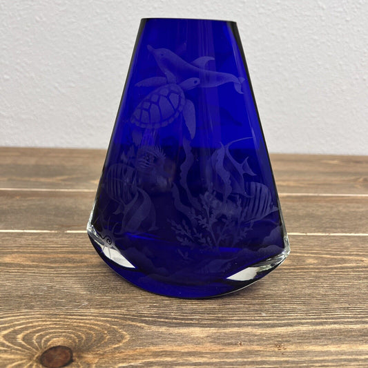 Gorgeous Designs Cobalt Blue Cased Wedge Shape Art Glass Tapered Rocking Vase