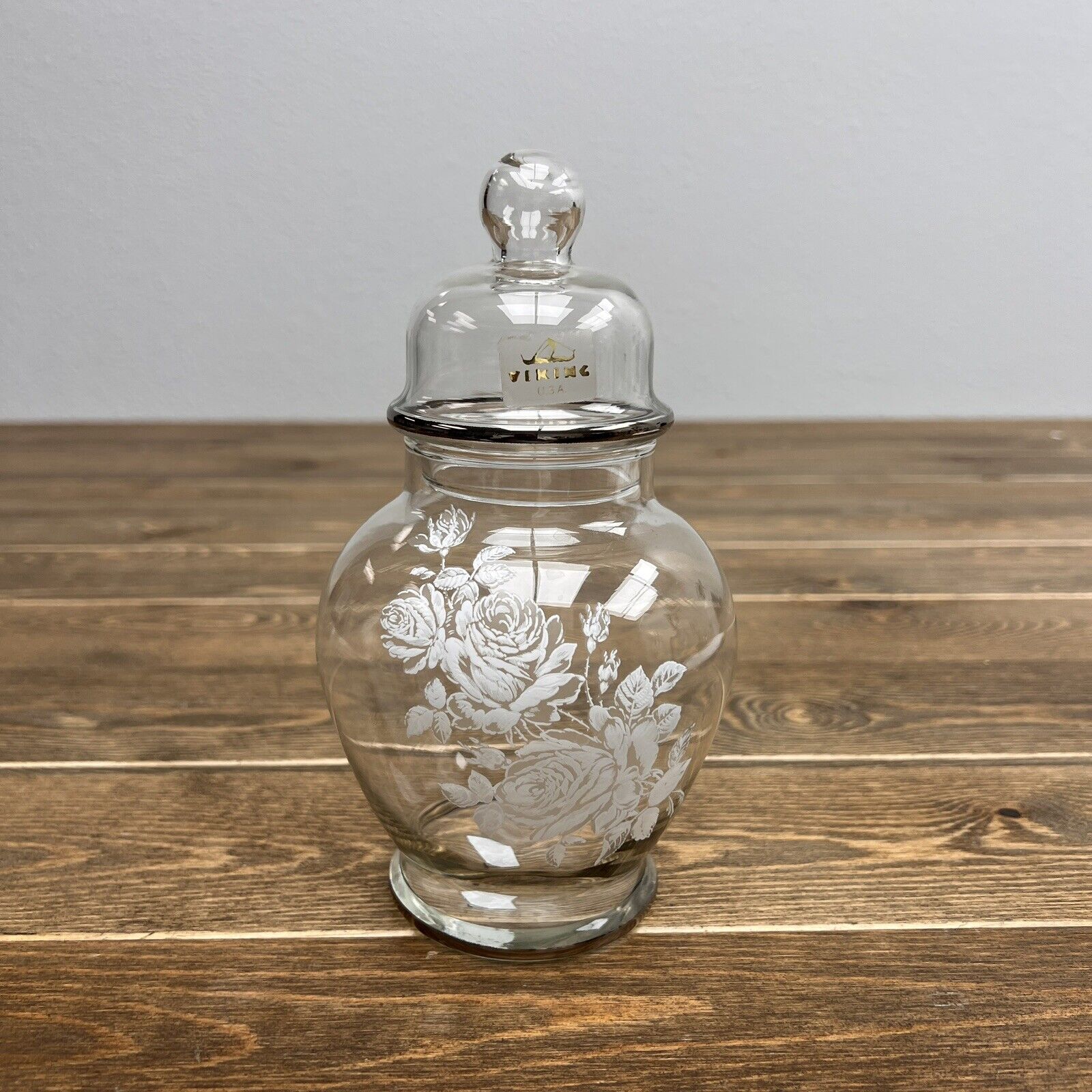 Vintage Viking Art Glass Jar with Lid Clear white Flowers