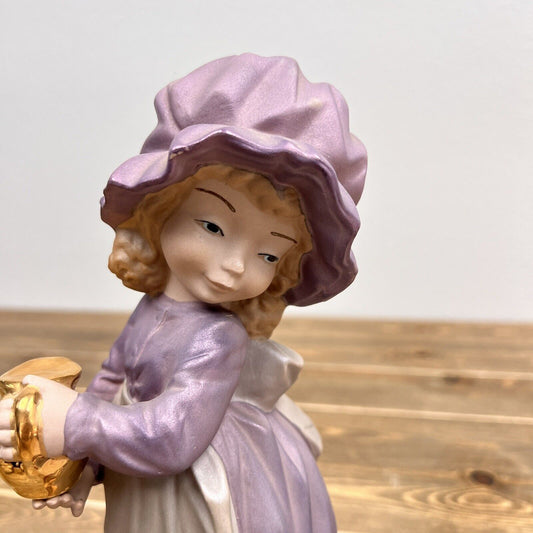 Girl and her Kitten Porcelain Figurine on Wooden Base Signed by P. TURIS