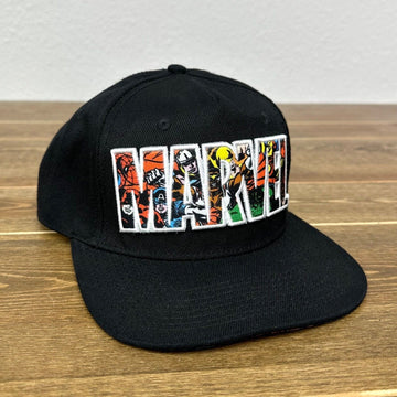 MARVEL Avengers Comics Logo Flat Bill Snapback Cap Hat in Black