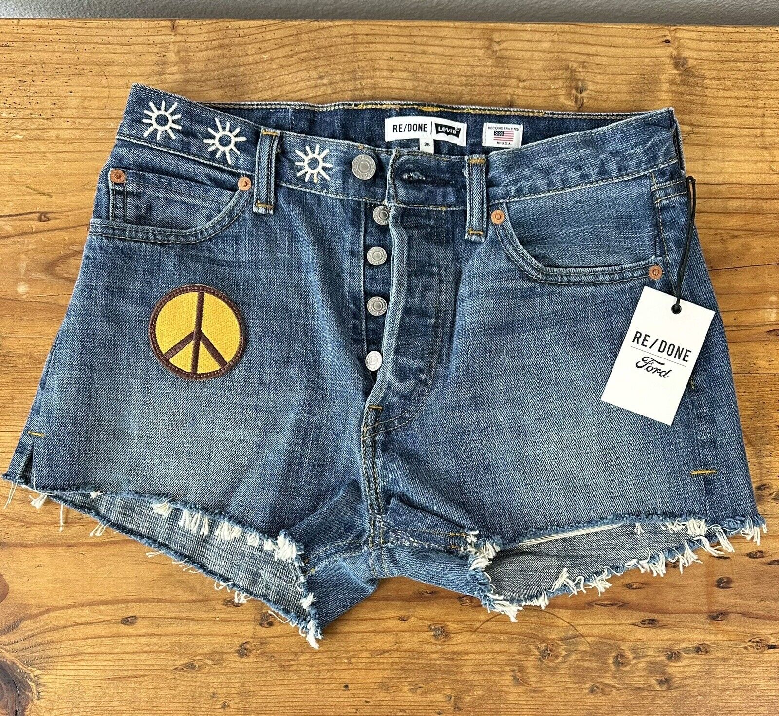 RE/DONE Levi's x Ford Jean Shorts 26 Patches Indigo Reconstructed Retails $328