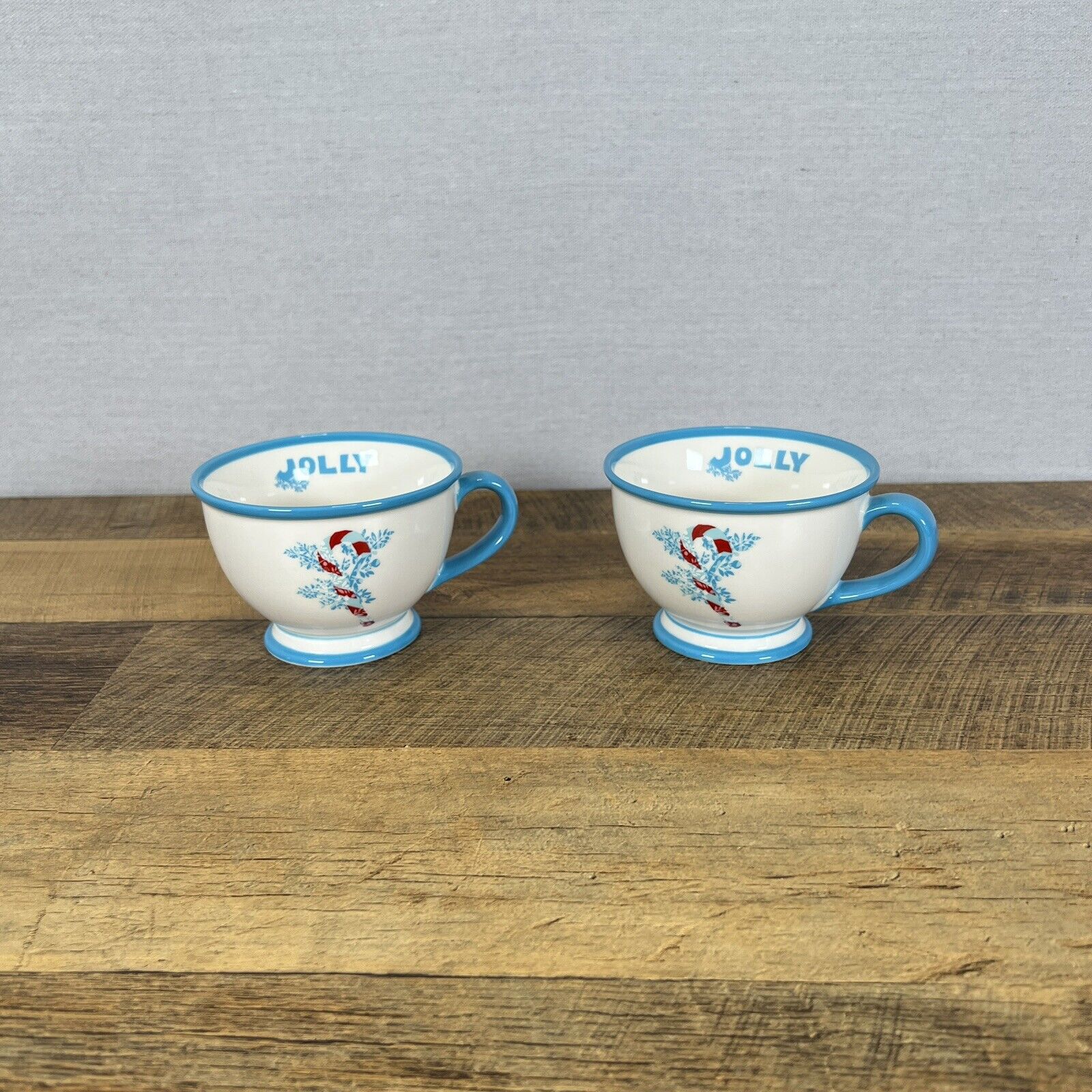 STARBUCKS 2007 10 oz BLUE & WHITE Jolly Candy Cane Holiday Mug Set of 2