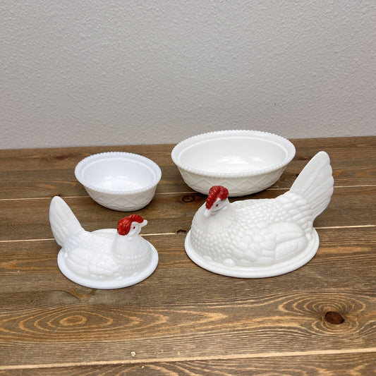 Vintage Westmoreland Hen On Nest Covered Dish White Milk Glass Split Tail 2