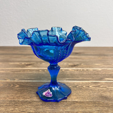 Vintage Fenton Stemmed Ruffled Crimped Candy Dish Cobalt Blue Glass Compote