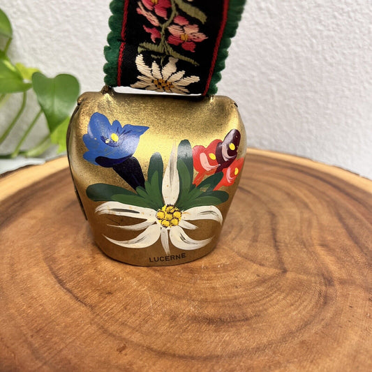 Vintage Souvenir Swiss Style Brass Cow Bell Painted Flowers Embroidered Strap