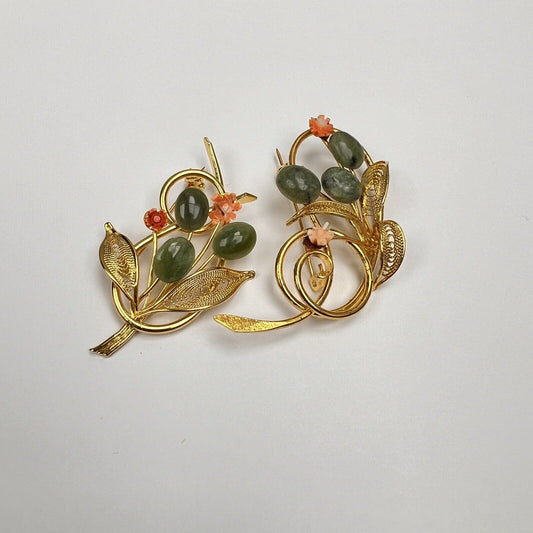 Vintage Costume Jewelry Jade & Gold Brooch 1960’s – 70’s NO Marks Set Of 2