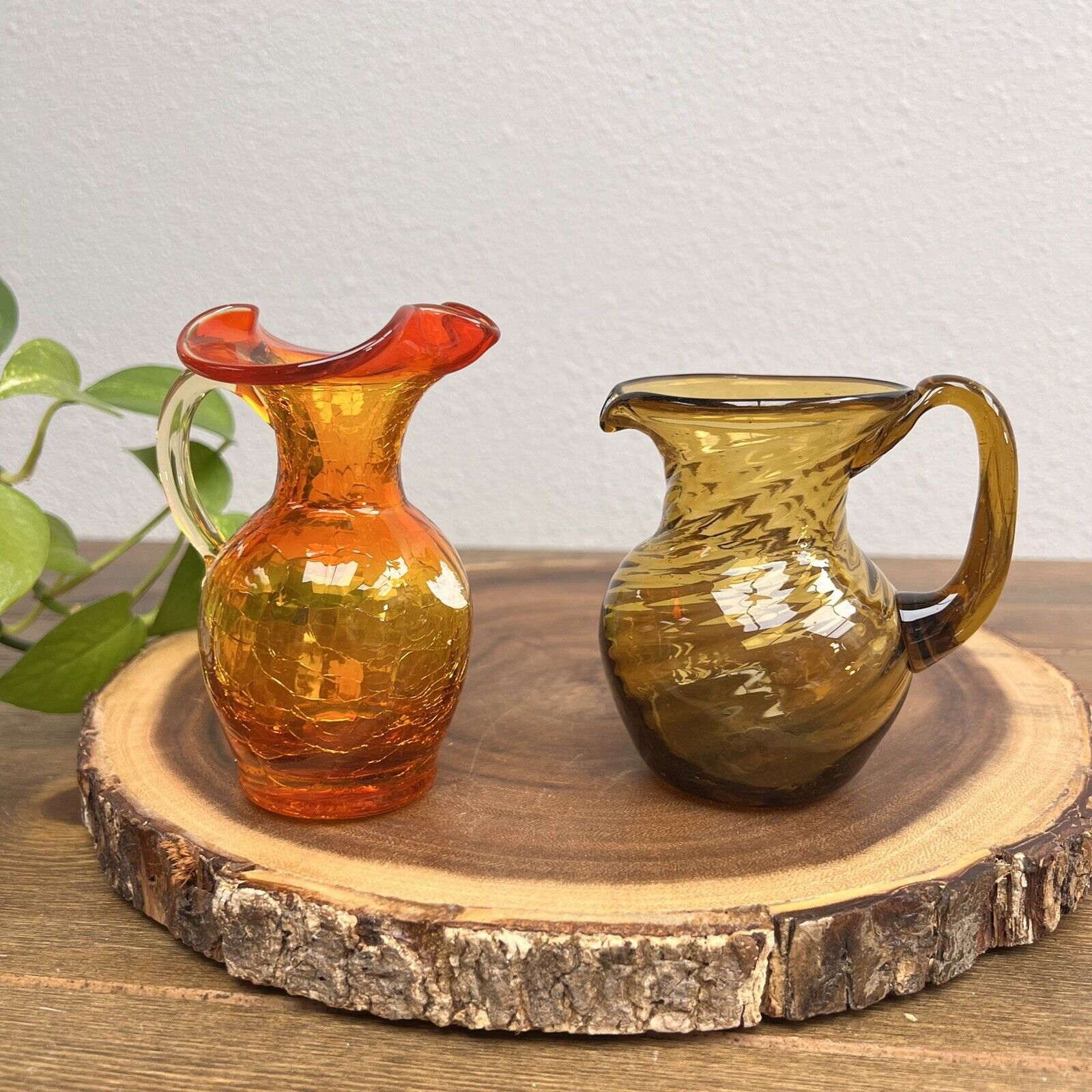 Vintage Miniature Brown & Orange Crackle Glass Pitchers, Lot Of 2