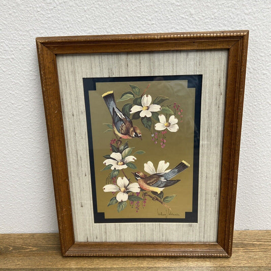 William J Whiteside Gold Foil Birds on Dogwood Framed Vintage Wall Art Print