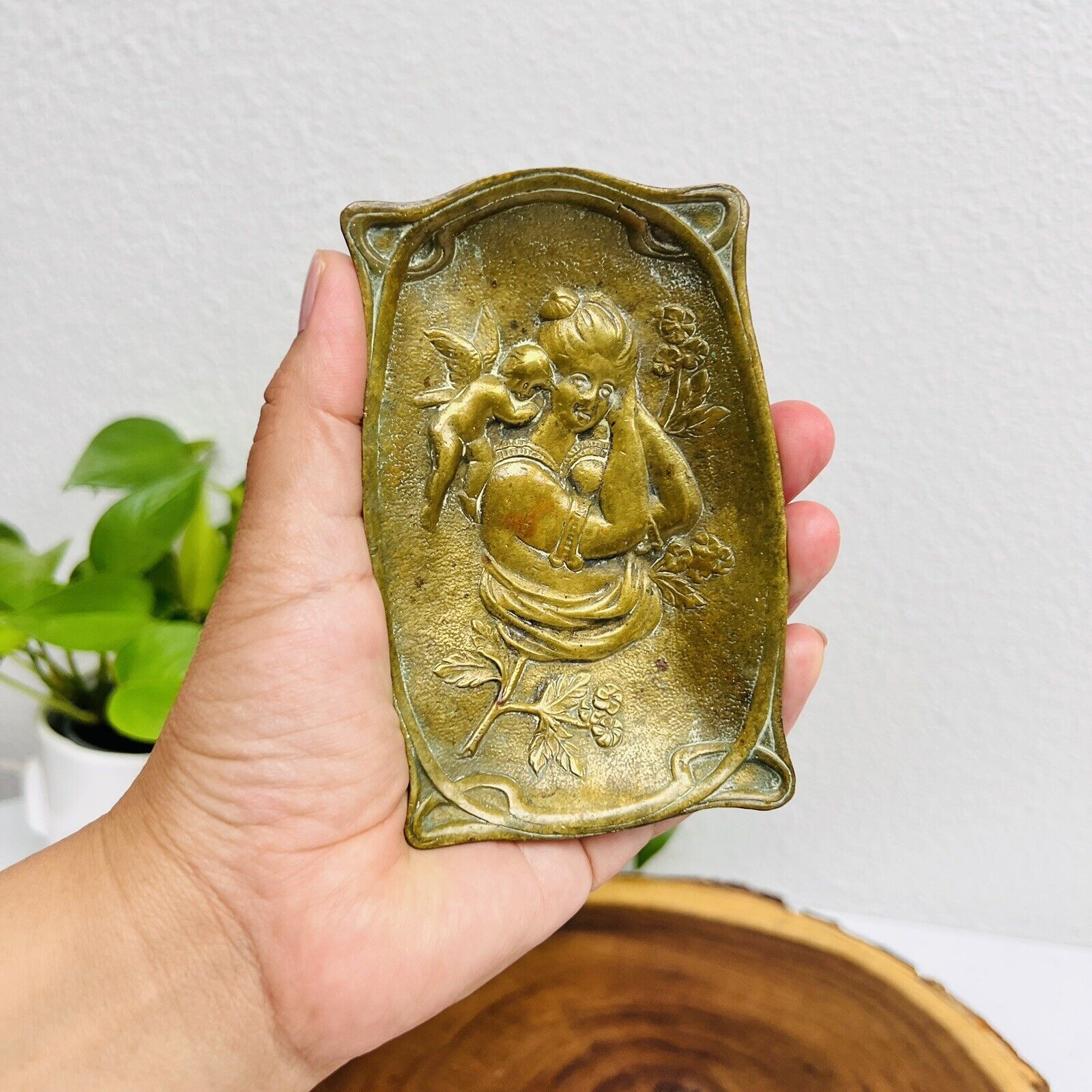 Antique Lady And Cherub Decorative Heavy Bronze dish Tray