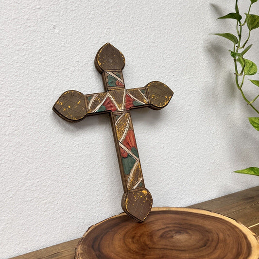 Vintage Rustic Wood Carved Cross Mexican Hand Painted Home Decor