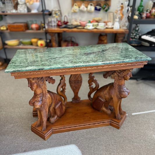 Antique Neoclassical Carved Wood Wall Table w/ Sphinx Pillared Base & Marble Top