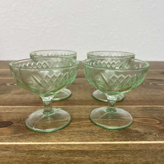 Green Floral Diamond Band 1920s U.S. Glass Uranium Sherbets Goblets -Set Of 4