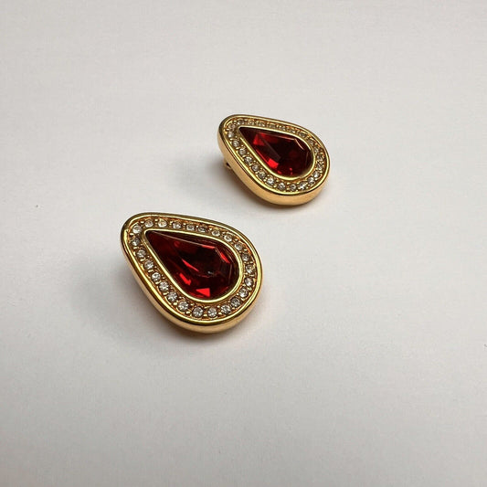 80's S.A.L. Swarovski Earrings Clip-On Red Crystal Tear Drop Gold Tone Vintage