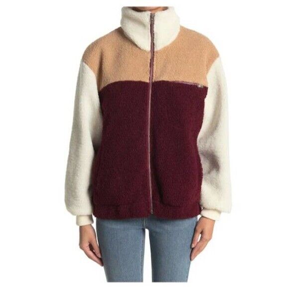 Lush Colorblock Print Faux Shearling Jacket Size S High Neck Full Zip Womens