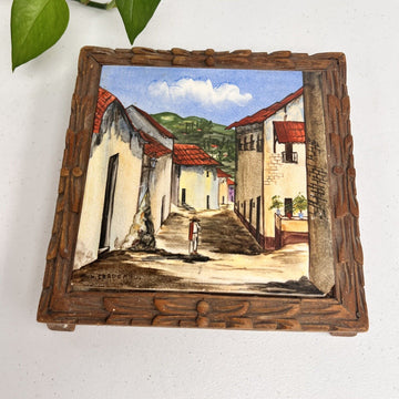 Vintage Hand Painted Tile Framed Art Mexico Street Town Signed M. Cardenas