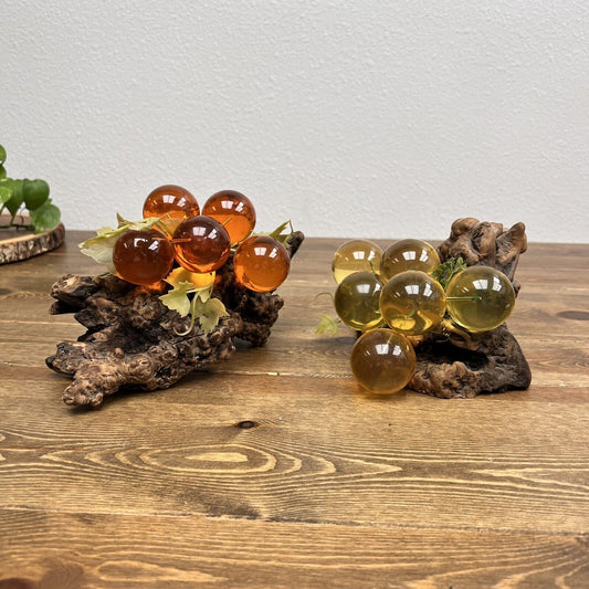 Set of Vintage Grape Clusters Lucite Burlwood Drift Wood Yellow Amber Home Decor