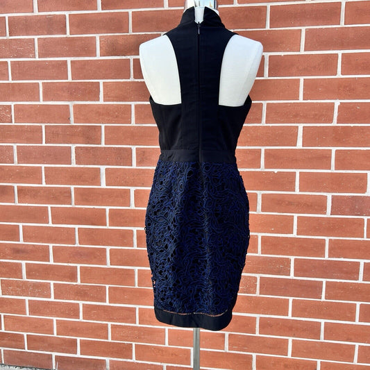 Adelyn Rae Dress Sz M Black Sasha Halter V-neck Wrap Navy Blue Lace Overlay