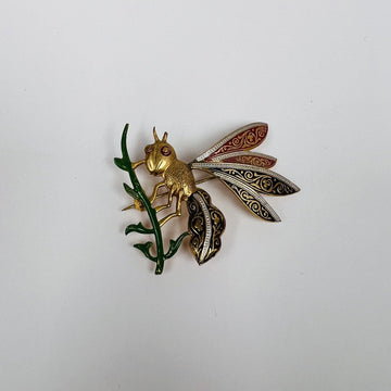 Vintage ESTATE MARKED SPAIN Damascene Figural ENAMEL Insect Wasp BUG Brooch