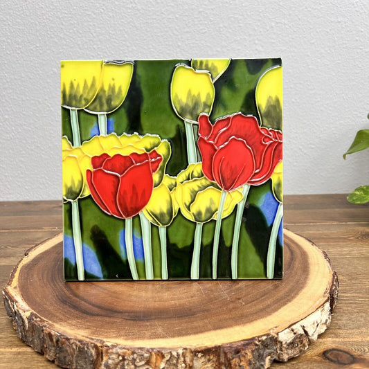 Multicolor Hand Painted Tulips Ceramic Art Tile Wall Hanging Plaque/Fiber Back