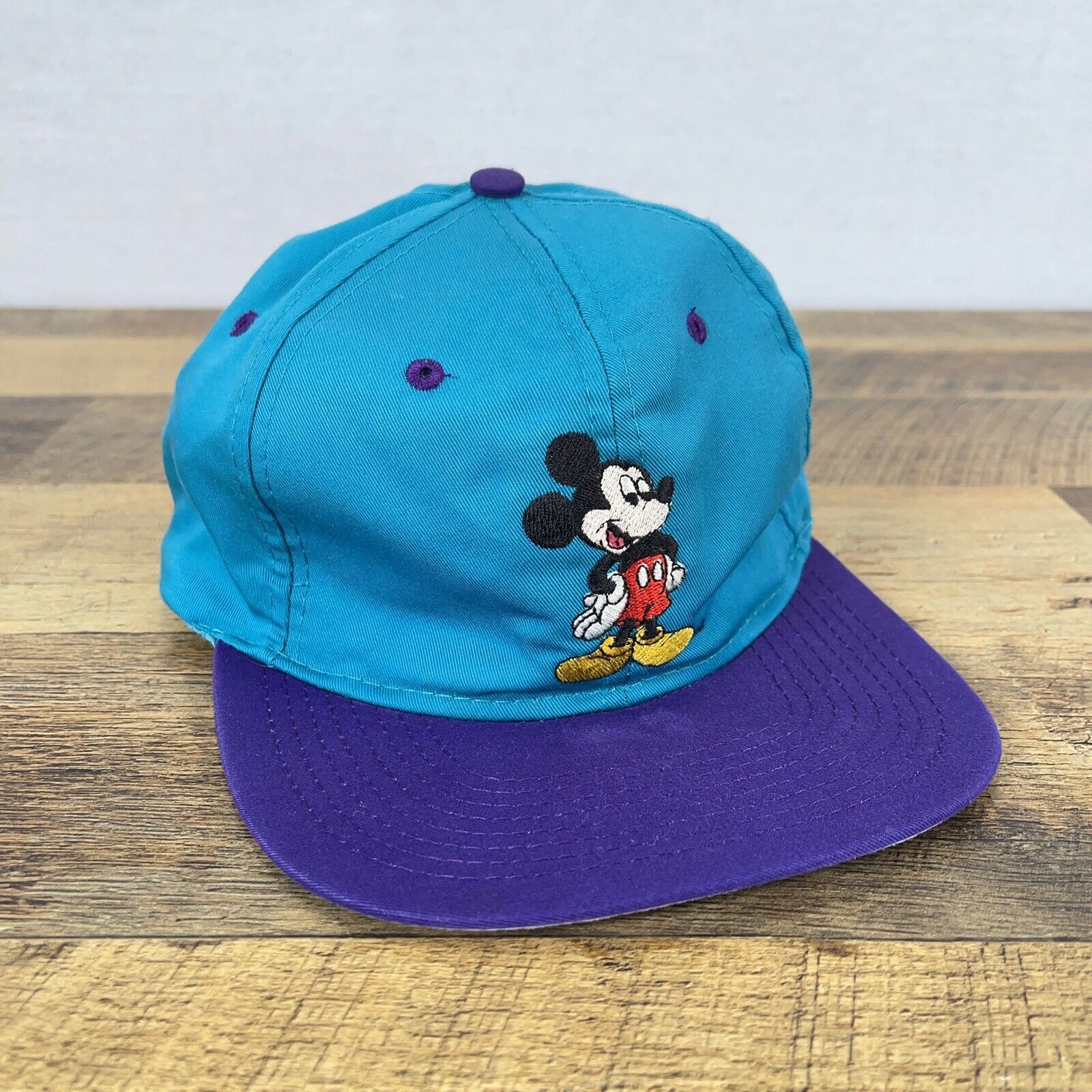 VINTAGE Walt Disney Mickey Mouse Unlimited Snapback Hat Purple Blue Front Patch