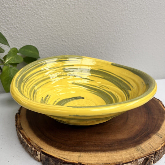 Decorative Bowl Green & Yellow Art Hand-Made Pottery Stoneware