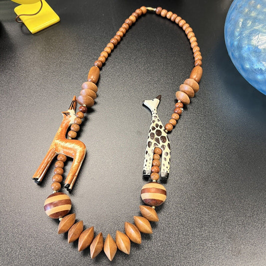 Tribal/ Safari Hand Carved Wooden Antelope , Zebra & Beads Necklace Vintage