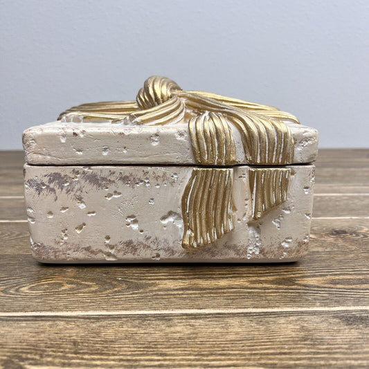 Jaru Heavy Cast Stone Ceramic Jewelry Trinket Box in Present Bow Motif Art Decor