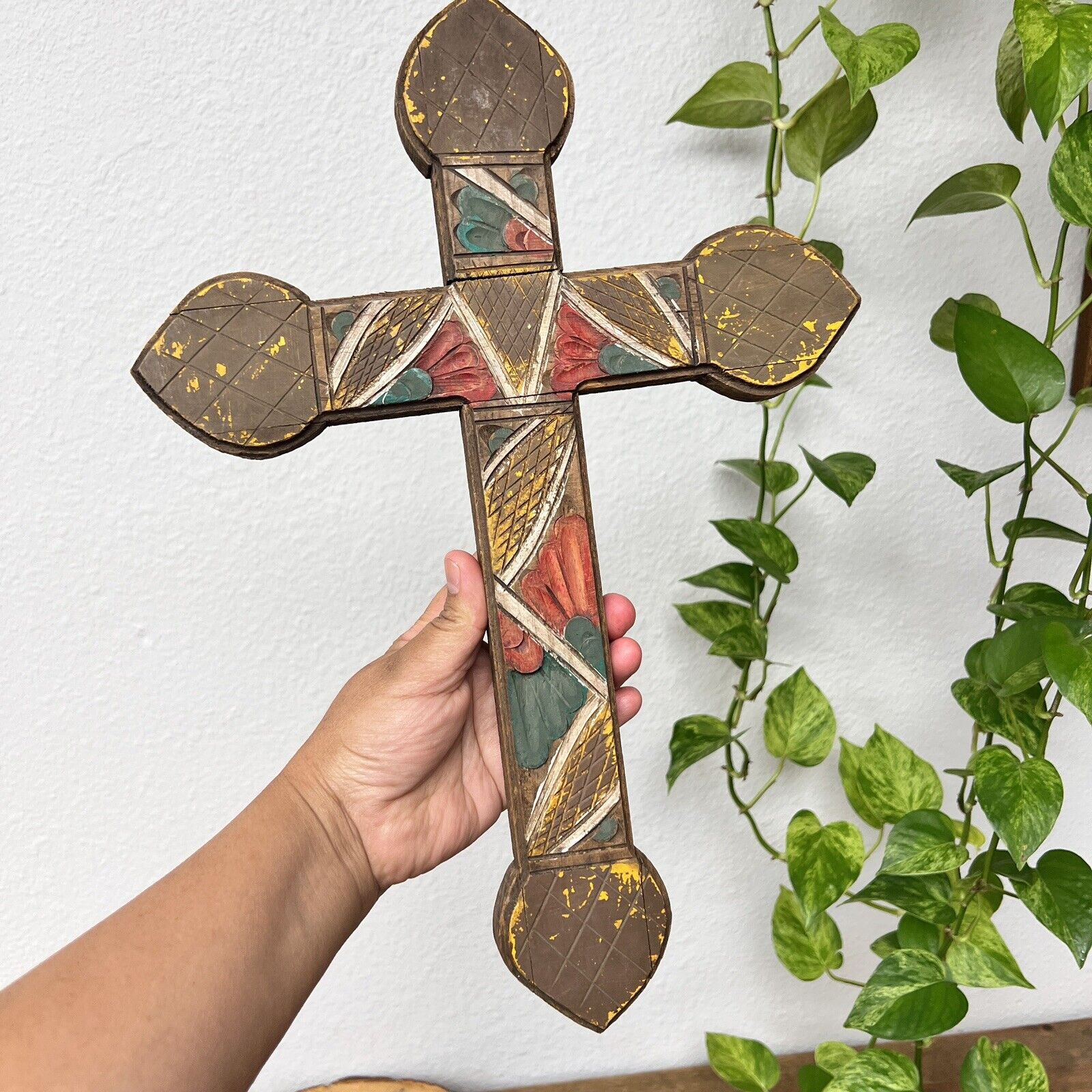 Vintage Rustic Wood Carved Cross Mexican Hand Painted Home Decor