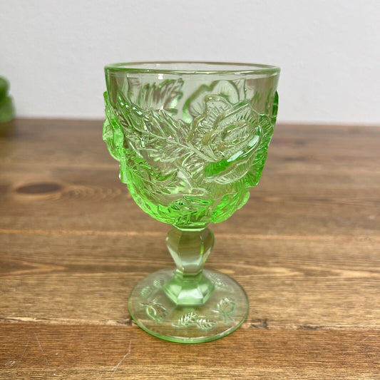 Vintage Madonna Inn Wild Rose Goblet Rare Fenton Green Water Glass