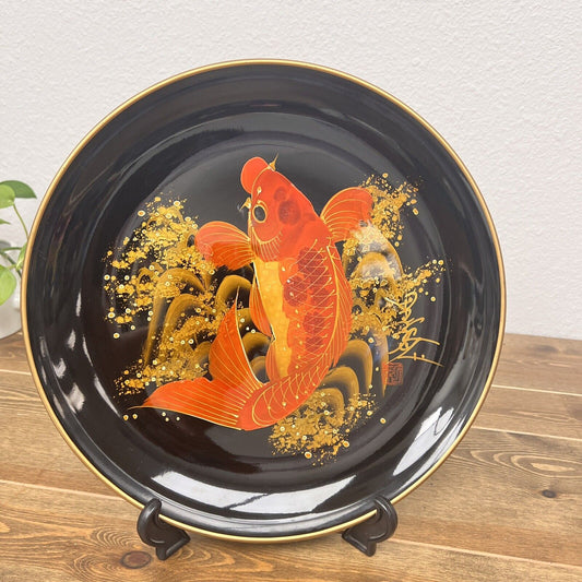 Japanese Lacquer Replica Large Serving Tray Vintage Koi Carp Obon Black