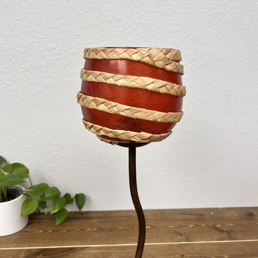 Vintage Metal Raffia Table Lamp Red Fiberglass Shade Squiggle Wine Glass Tarogo