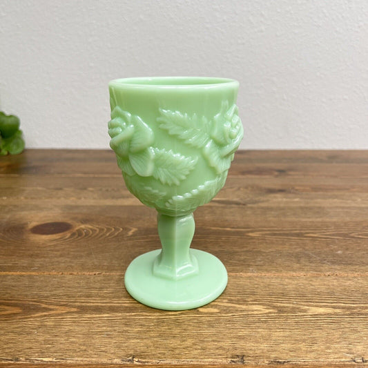 Jadeite Jadite Madonna Inn Wild Rose Glass Goblet 6.5" Tall, 3.5" Diameter