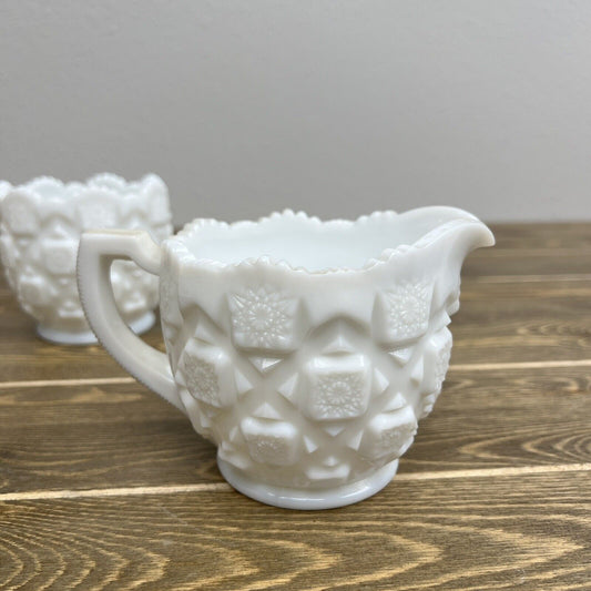 Vintage Westmoreland Milk Glass Large Old Quilt Sugar and Creamer