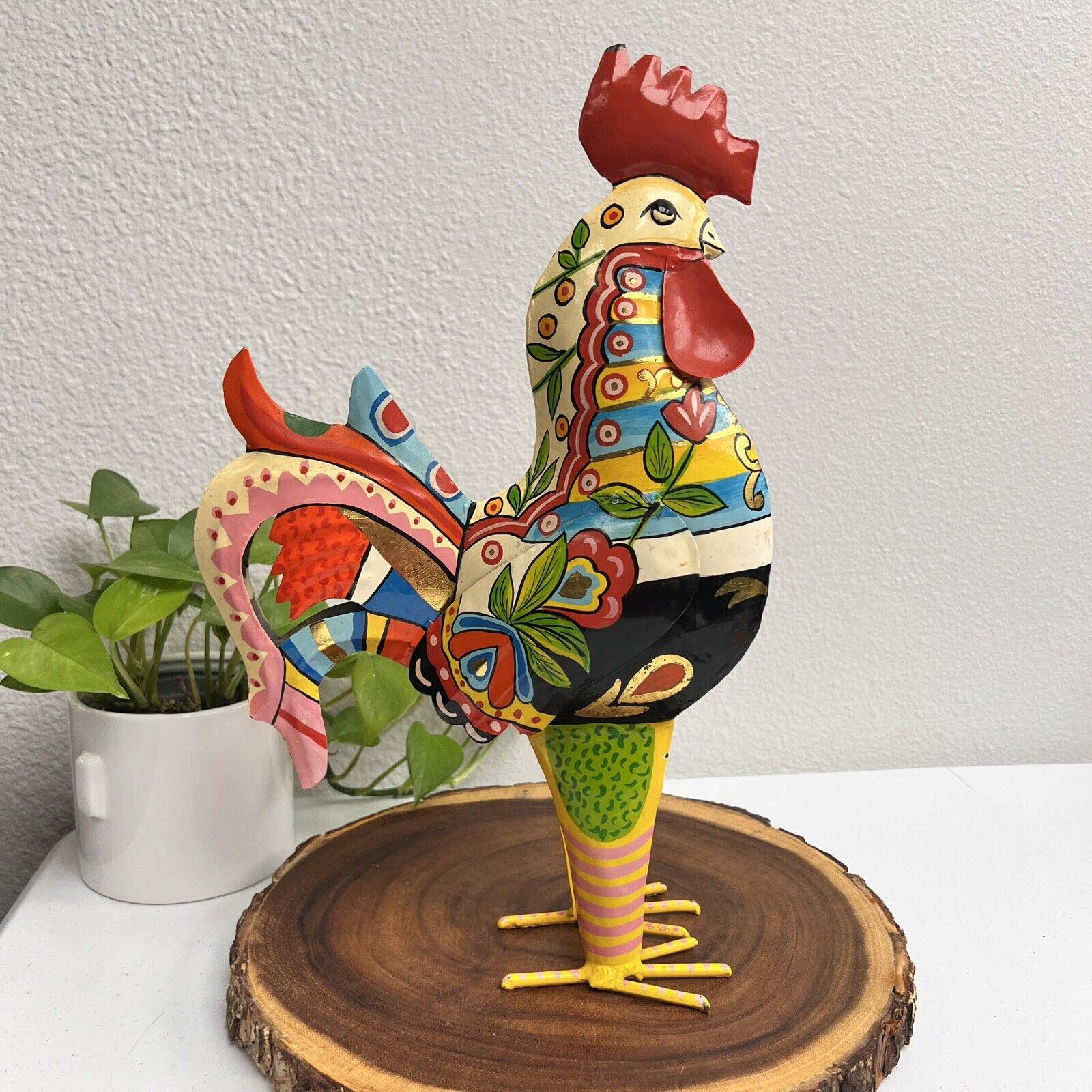 Rooster Metal Sculpture Colorfully Painted 15.5 inch Home Decor