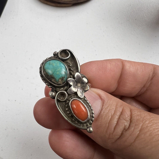 Vintage Ring Silver Turquoise & Coral Ring Sz 4.5