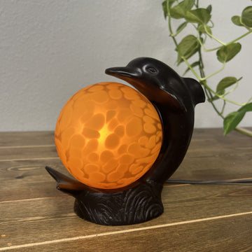 Vintage Art Deco Cast Metal Dolphin & Amber Glass Lamp Night Light