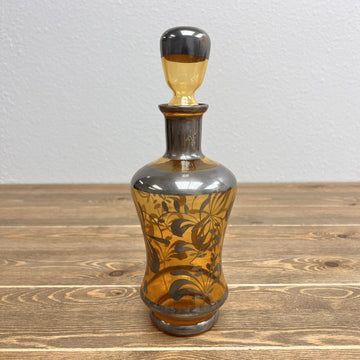 Vintage Amber Bottle w Silver Tone Overlay Floral Designs, Stopper Top