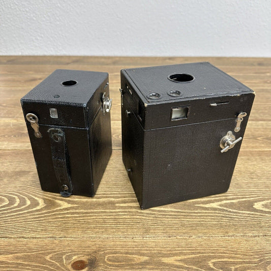 2 Antique Eastman Kodak Leather Box Cameras Brownie No.8 & Rainbow Hawk-Eye No.2