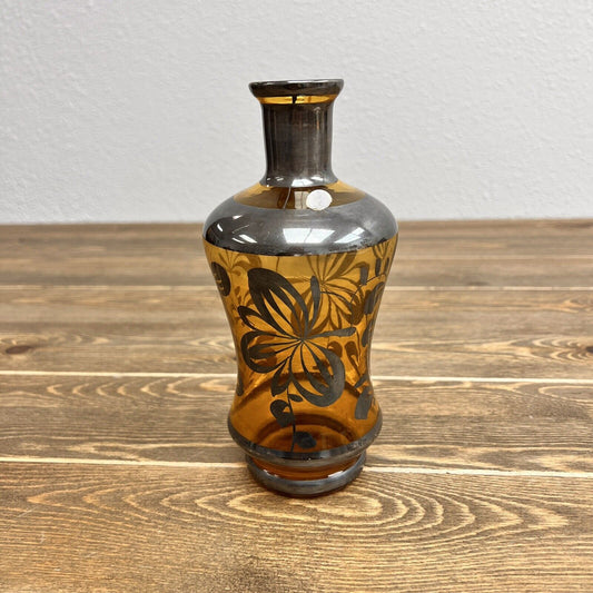 Vintage Amber Bottle w Silver Tone Overlay Floral Designs, Stopper Top