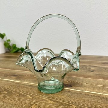 Vintage Hand Blown Art Glass Clear Green Basket with Clear Applied Handle 8.5"