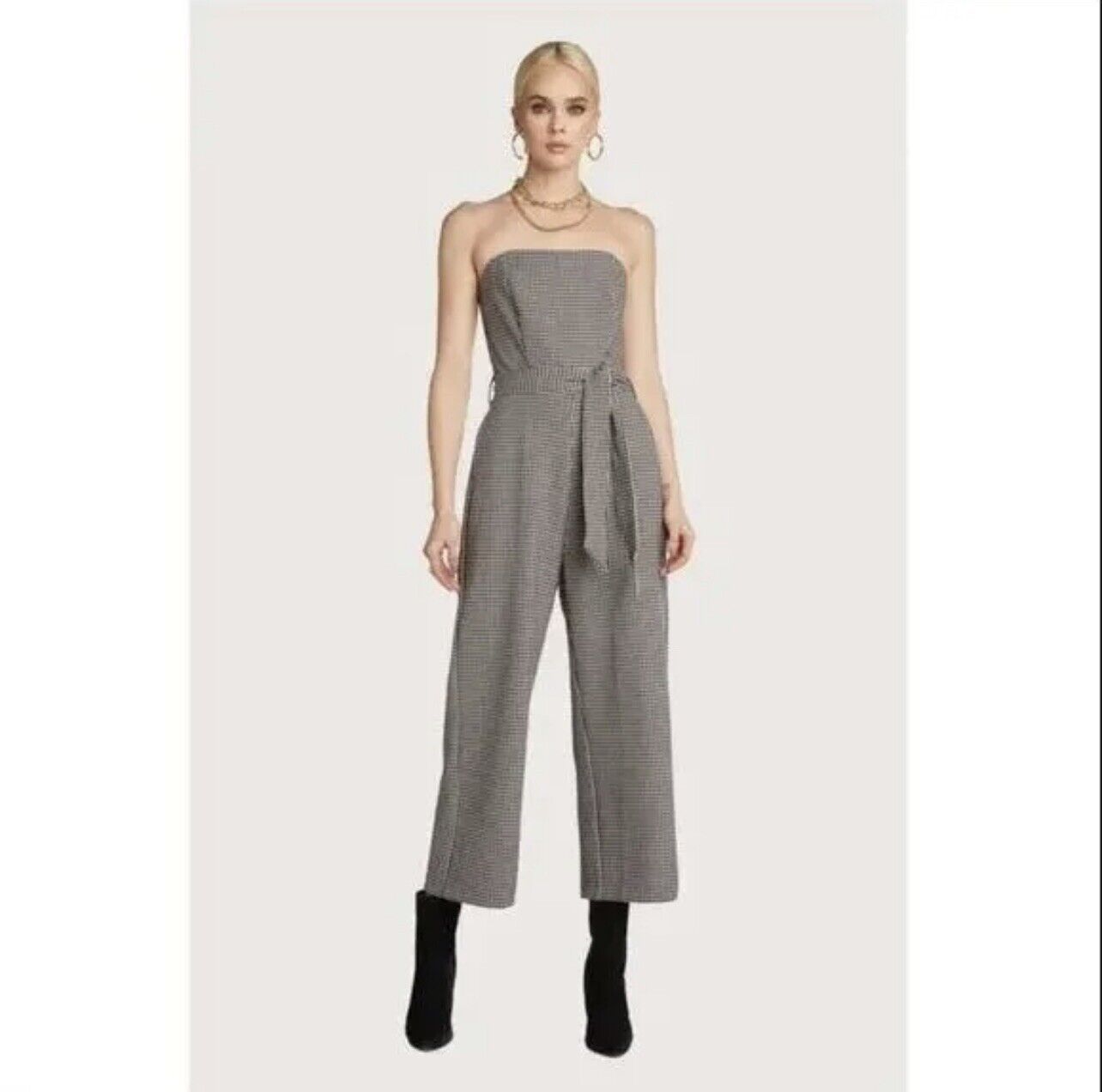 Willow Women’s Ryan Plaid Black Cream Strapless Belted Jumpsuit Size M