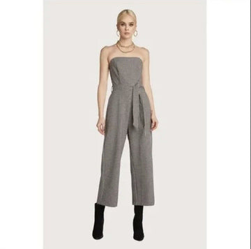 Willow Women’s Ryan Plaid Black Cream Strapless Belted Jumpsuit Size M