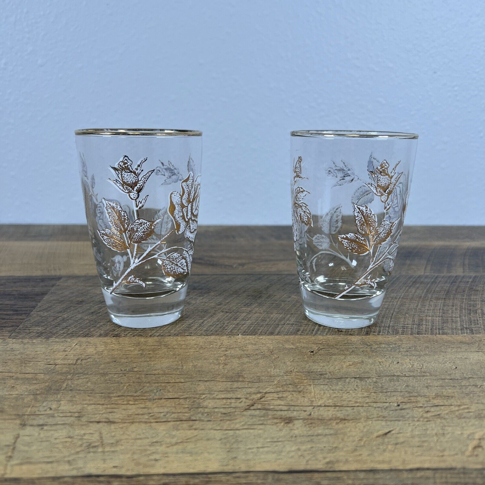 Set of 2 Vintage Libbey Clear Glass Tumblers with Rose Bouquet Pattern Gold Rim