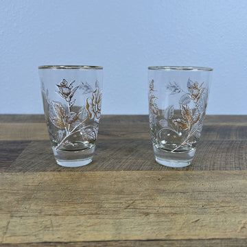 Set of 2 Vintage Libbey Clear Glass Tumblers with Rose Bouquet Pattern Gold Rim