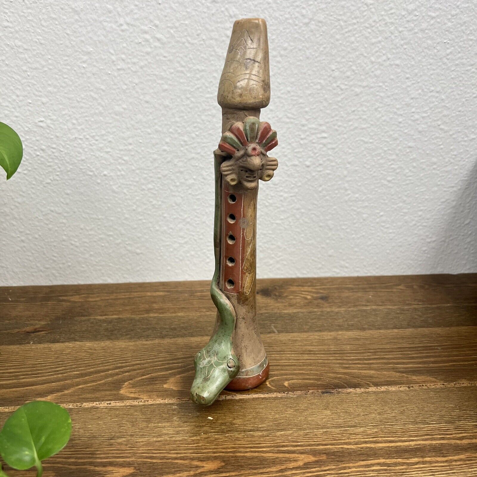 Vintage Mayan Aztec Mexica Terracotta Hand Crafted Triba Snake Pottery Flute 10"