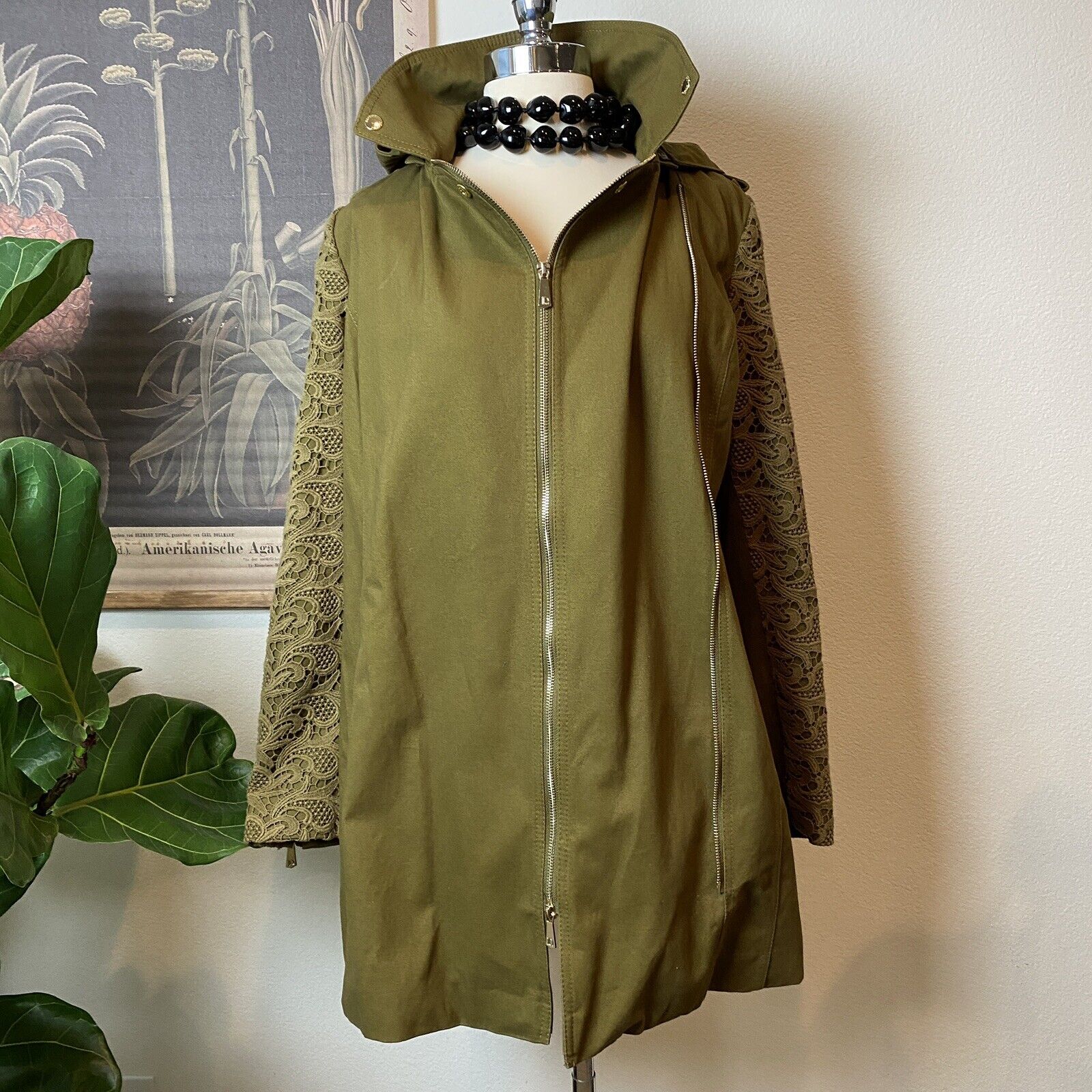 Dawn Levy Coat Small Women Olive Green Removable hood Utility Military Jacket