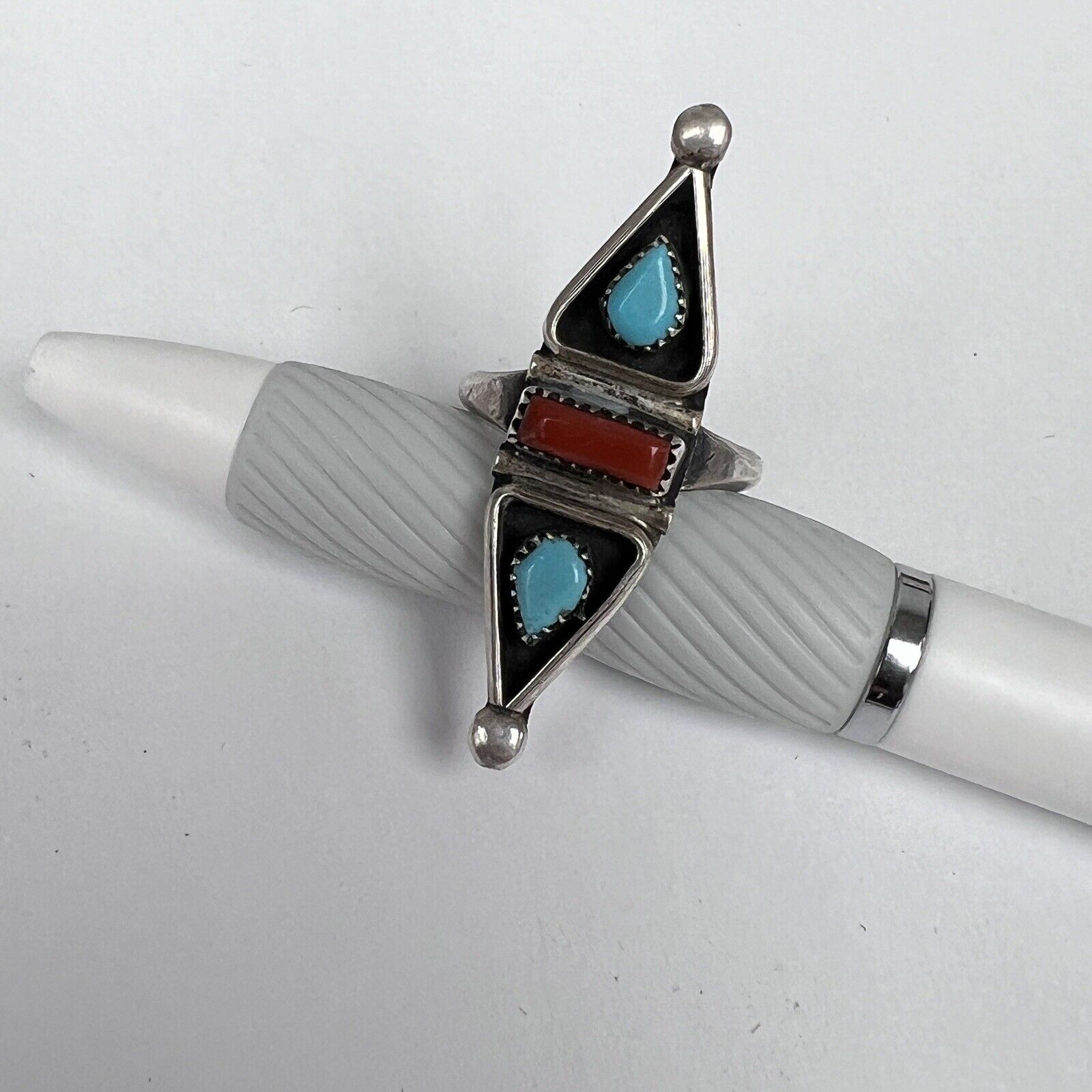 Vintage Navajo Sterling Silver Teardrop Turquoise Coral Ring Size 4.5